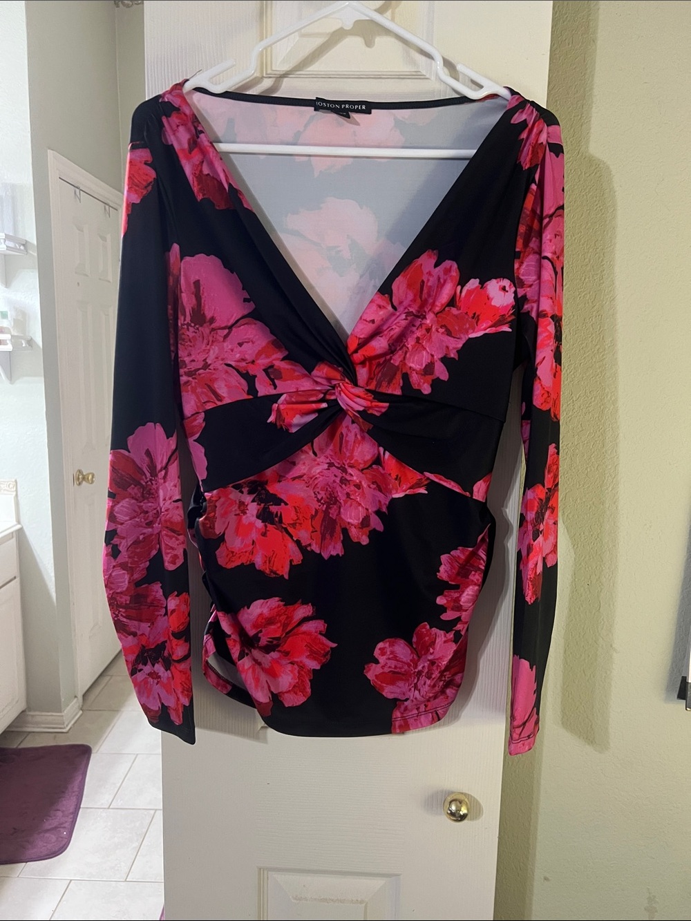 Boston Proper Black Long Sleeve Twist-Front Top with Pink Floral Print